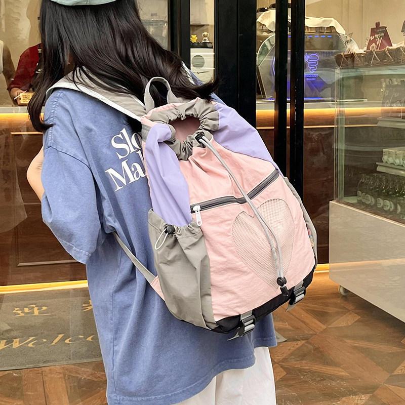 Schoolbag Backpack Female Travel Lightweight High Value Foreign Style High Sense Drawstring Backpack Female Contrasting Color Small Fresh Student