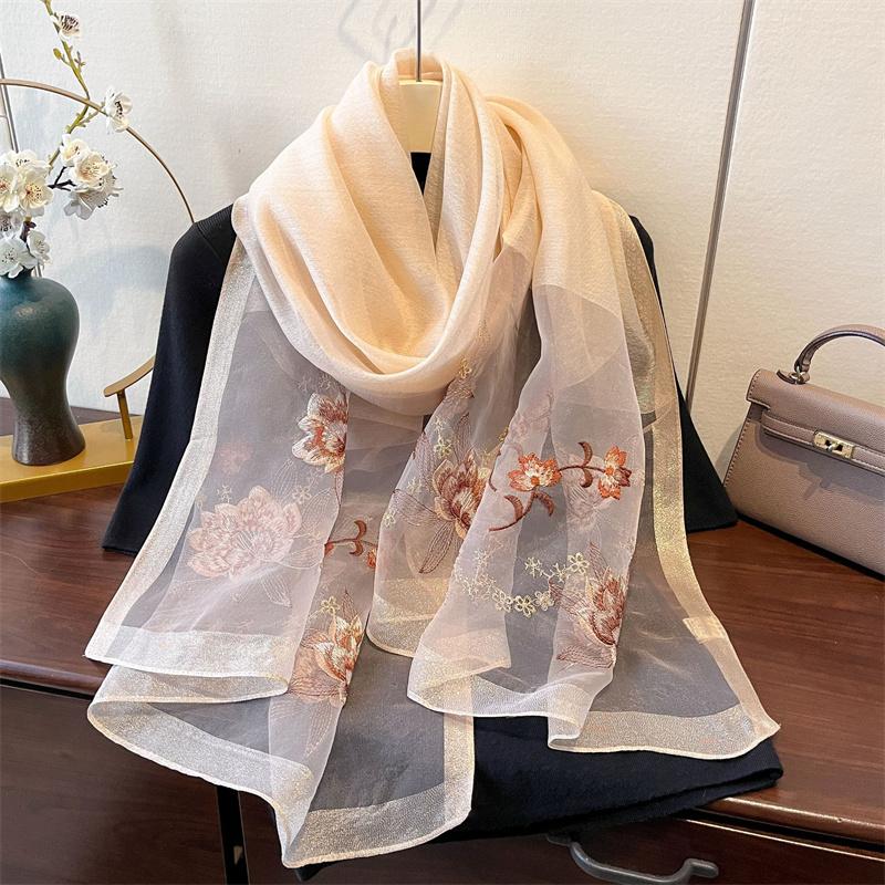 Elegant Long Embroidered Silk Feeling Scarf Women'S Fashion Spring New Style Shawl Wrap Outerwear Trendy Floral Pattern Stylish
