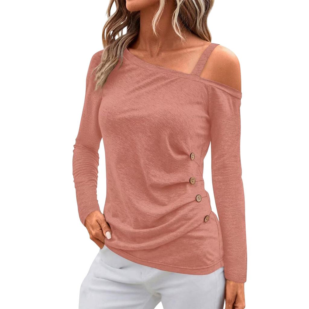 Women's Off Shoulder Tops Pleated Asymmetrical Neck Long Sleeve T-Shirt Tops