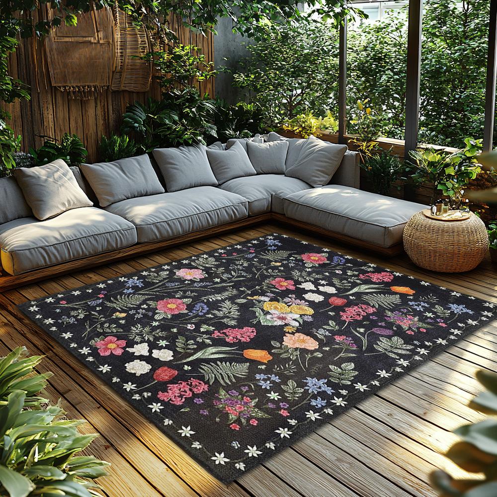 Black Floral Bohemian Rug with White Border, Colorful Pattern Non-Slip Carpet, Cozy Living Room Mat for Home Decor