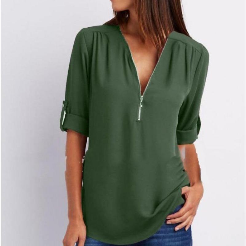 Camicia a maniche lunghe in chiffon con scollo a V e cerniera, taglie forti, da donna, con maniche regolabili