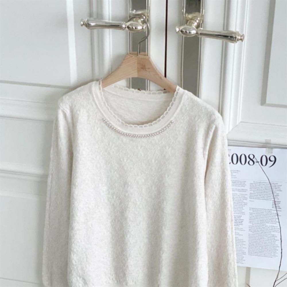 New Arrivals Open Run Women Solid Pearl Lace Round Neck Knit