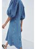 Elegant Denim Midi Dress: European & American Style, Round Neck, Short Sleeve