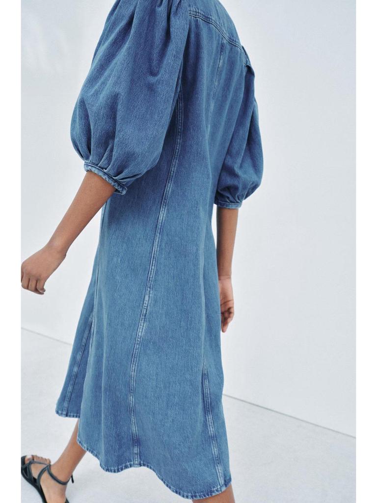 Elegant Denim Midi Dress: European & American Style, Round Neck, Short Sleeve