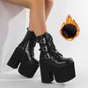 Gdgydh Lace Up Chunky Heel Mid Calf Booties for Women Block High Heel Platform Combat Boots Gothic Metal Bat Gothic Shoes