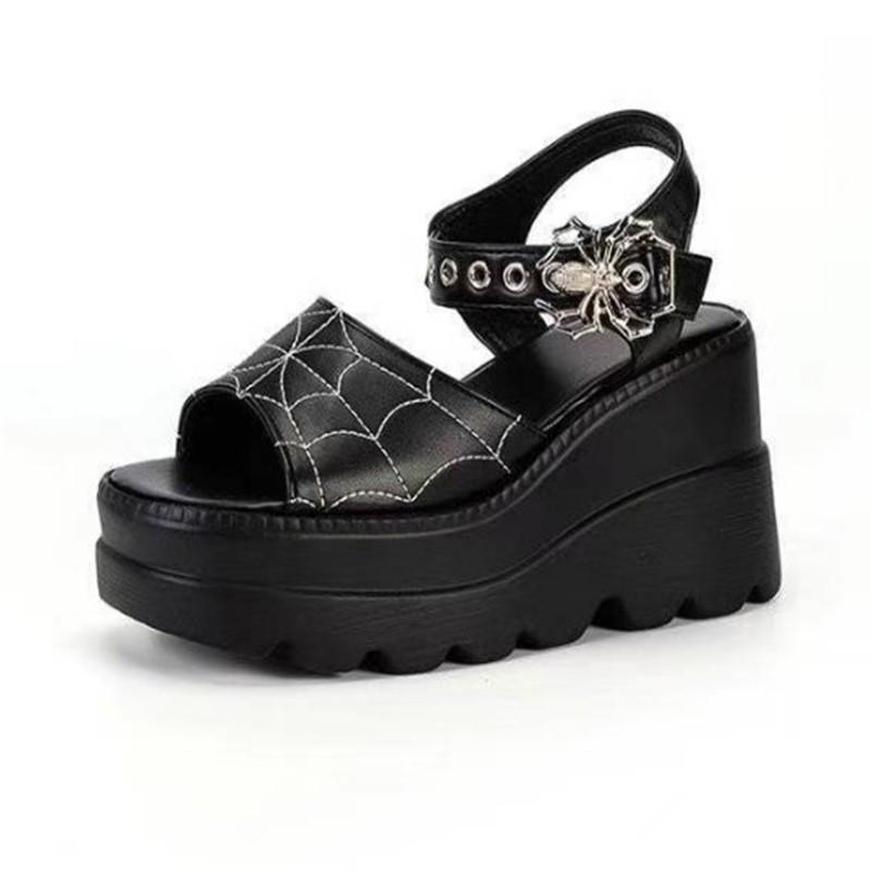 Summer Gothic Platform Sandals Punk Style Babes 9cm Spider Web Embroidered Spider Buckle Women's Shoes