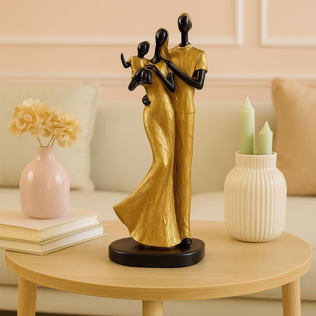 Stylish Golden Black Resin Couple Statue with Child for Home Decor (Pack of 1, Black & Golden)