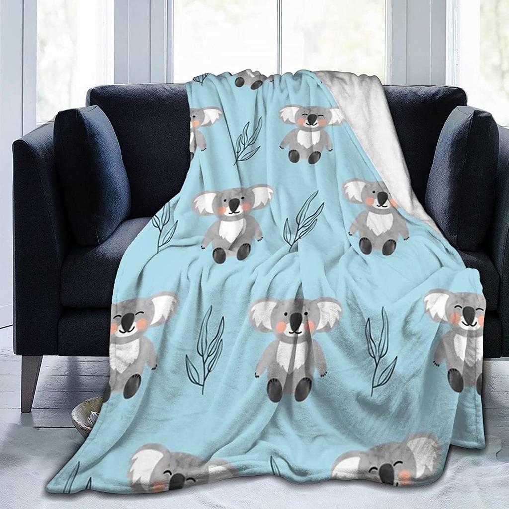 Flannel Fleece Modern Throw Blanket, Cartoon Style Koala Bears Blue Pattern Throw for Spring Recliner, Air Conditioning Blanket