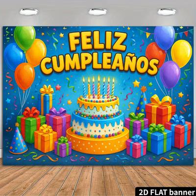 2D Spanish Birthday Backdrop - Feliz Cumpleaños Confetti Banner for Kids Fiesta Photoshoot