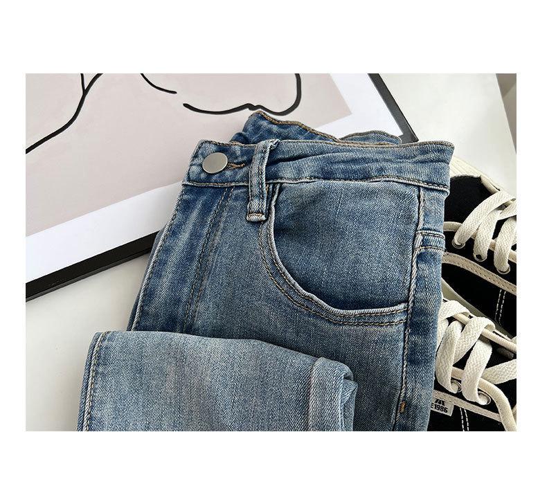 Women's High Waist American-Style Retro Flared Jeans - Elastic Slim Straight Horseshoe Trousers with Raw Edge Finish