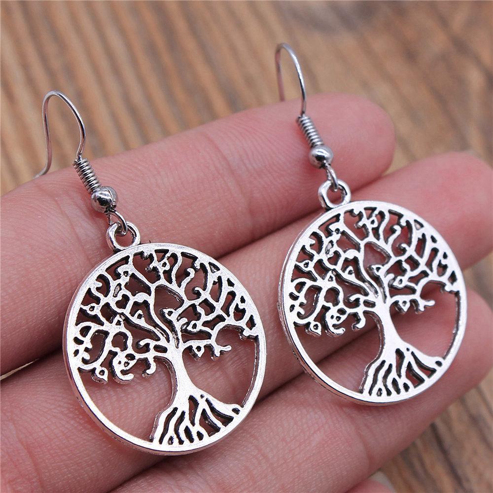 1 Pair Silver Plated Drop Earrings Women Hollow Out Tree Of Life Pattern Round Earring Moda Mujer Jewelry Fashion Pendientes