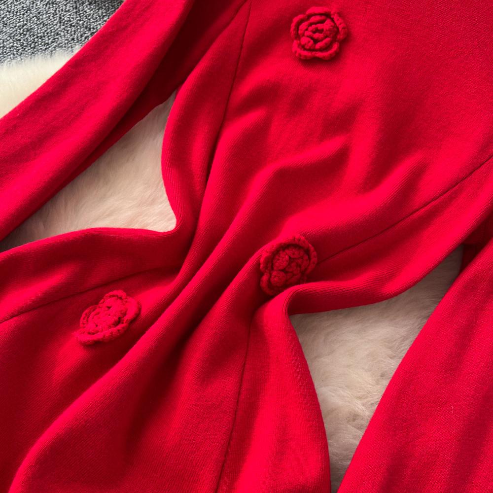 Autumn Winter Women Elegant 3D Flower Knitted Sweater Pullover Long Midi Christmas Party Dresses