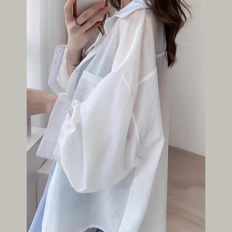 Îmbrăcăminte de protecție solară de vară pentru femei, cămașă transparentă cu dungi, supradimensionată, largă, cu mâneci lungi, coreeană, bluză rezistentă la soare, buzunar, topuri dulci