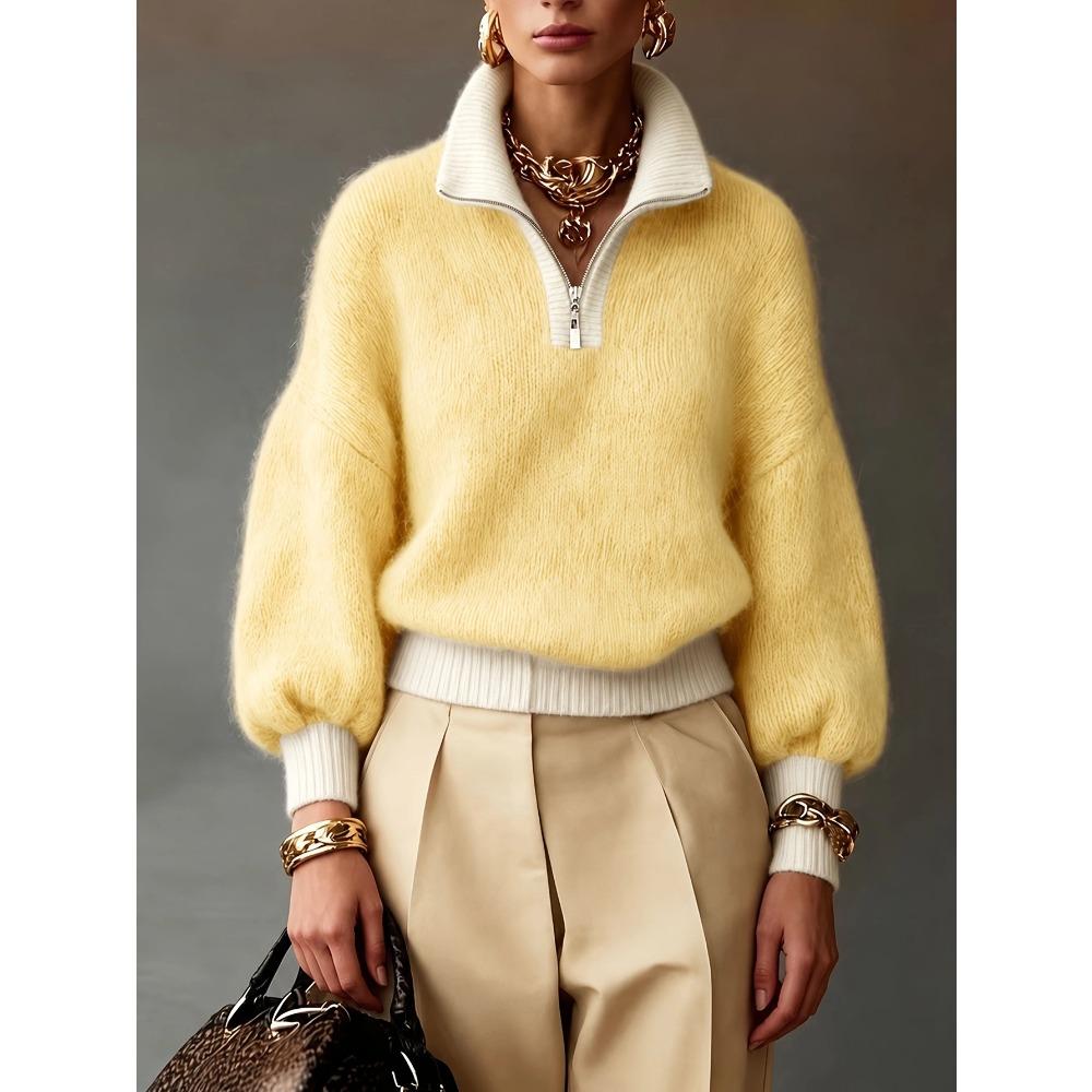 Neuer europäischer und amerikanischer Stil, halbgezippter Strickpullover mit hohem Kragen für Damen, lässiges Color-Blocking Pullover-Top