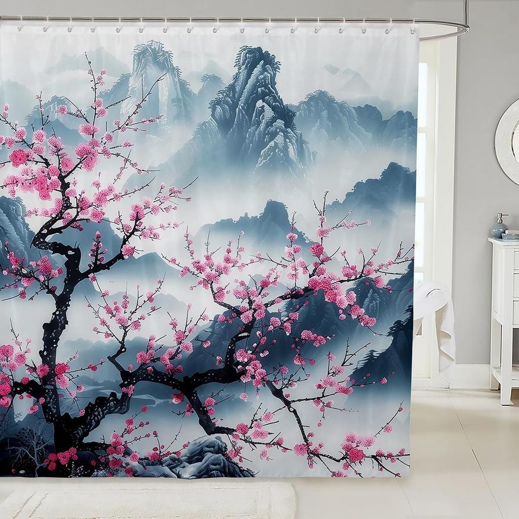 Boys Girls Japan Style Shower Curtain Japanese Geisha Bath Curtain Cherry Blossoms Bathroom Accessories Kids Teens