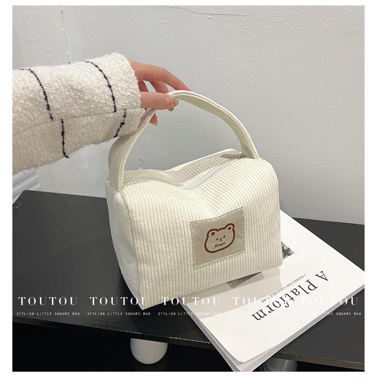 Korean Cute Bear Corduroy Makeup Bag - Portable, Multi-functional, Fresh, Sweet Design for Women