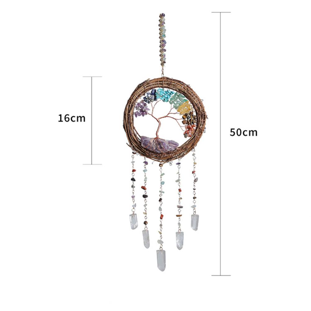 Handmade Natural Wood Vine Ring Christmas Wreath with Crystal Stone Wind Chime Children's Room Bedroom Craft Decoration Pendant