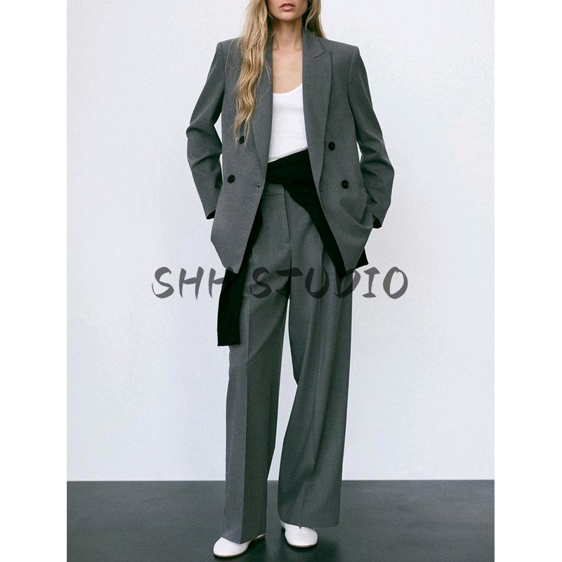 With Padded Shoulder Lapel Long Sleeve Suit Coat 2129095 Pleated Wide Leg High Waist Casual Trousers 2125095