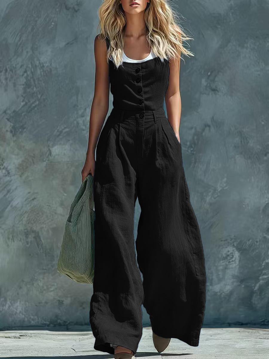 2026 European and American Cross-border Foreign Trade New Retro Button Front Front High-Waist Wide-Leg Jumpsuit S