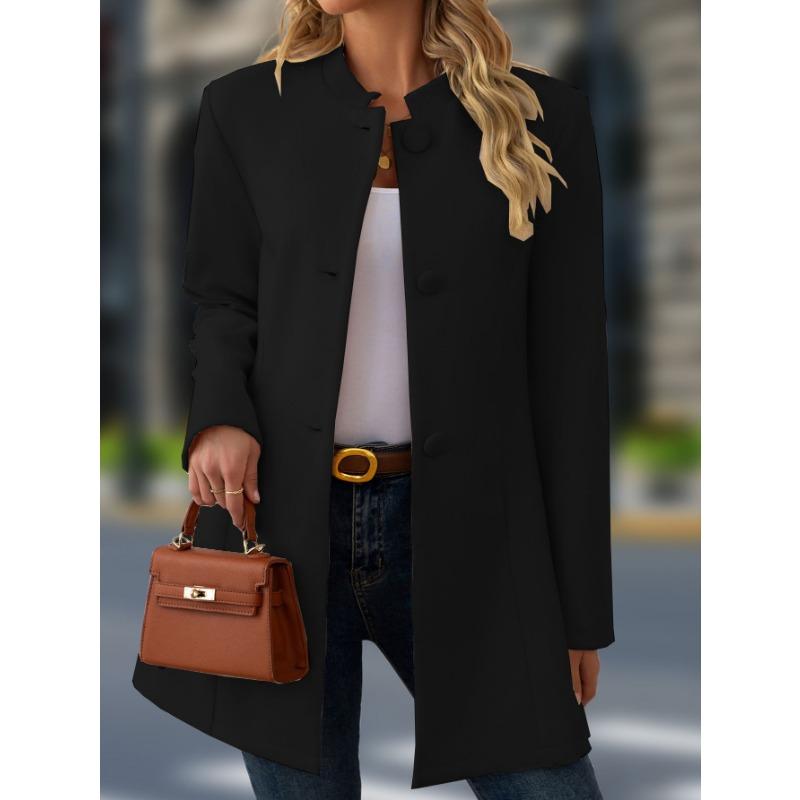 Women S Casual Stand Collar Mid Length Woolen Coat For Daily Wear