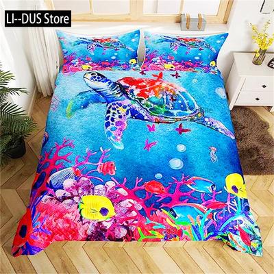 Sea Turtle Duvet Cover Green Blue Ocean Bedding Set Colorful Underwater World for Kids Child Women Nautical Sea Animal Reptile