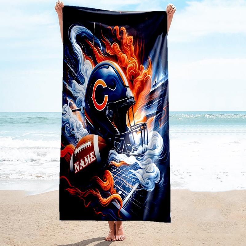1PC Custom Name Chicago Bears Fire Beach Towel Highly Absorbent And Sand-Resistant Towel for Swimming, Pool, Yoga, And Travel Lightweight