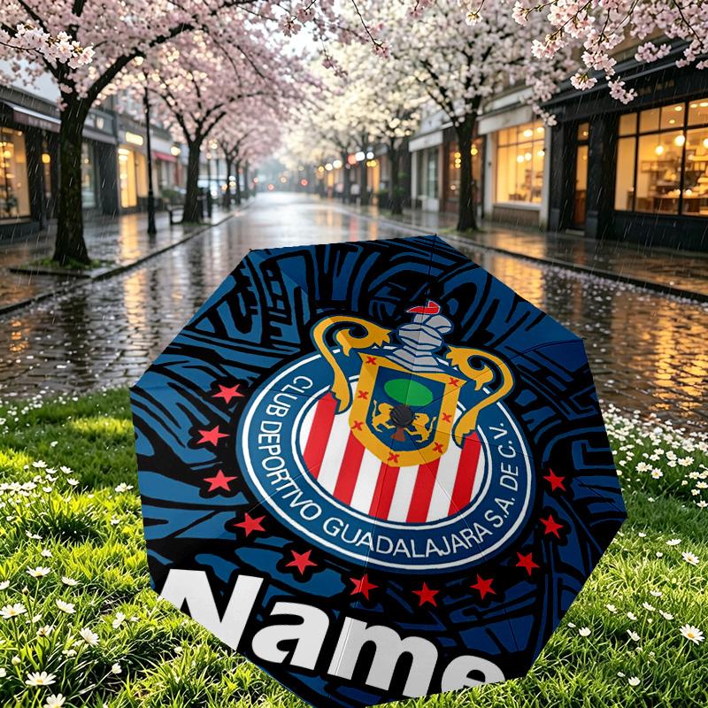 Custom Name Personalized Club Deportivo Guadalajara Print Umbrella, Auto Open Close, 8‑Rib Sturdy Frame, Commute Camping Hiking Use, Birthday Gift