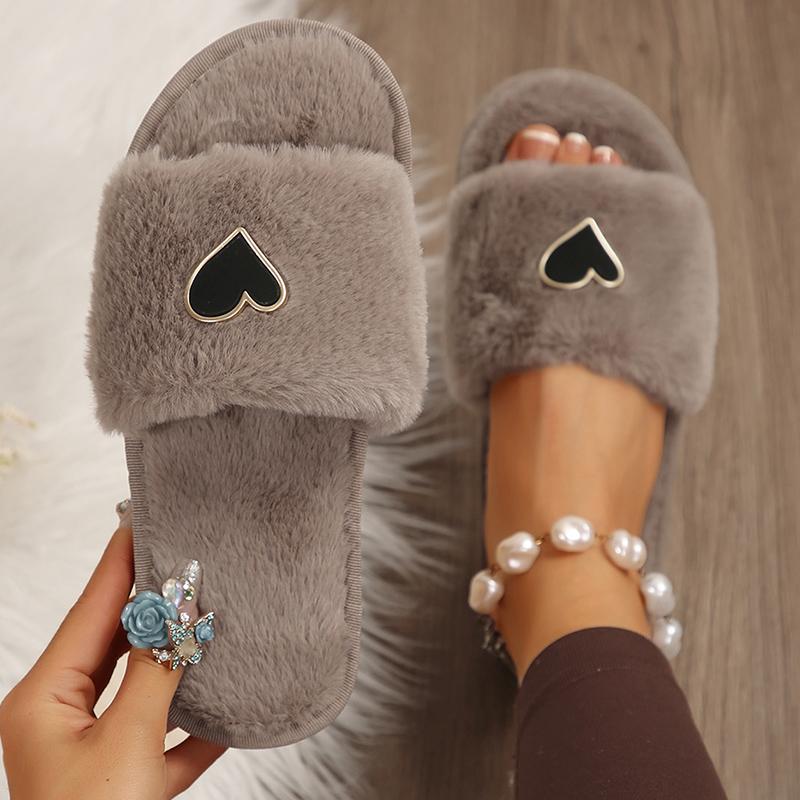 Fashion Fashion Heart Decor Plush Slippers for Women Winter Warm Comfortable Indoor Floor Slippers Woman Open Toe Fluffy House Slides