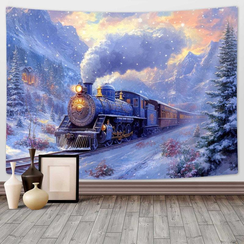 Vintage Christmas Train Tapestry Wall Hanging Steam Locomotive Snowy Village Moon Aesthetic Wall Art Living Room Decor