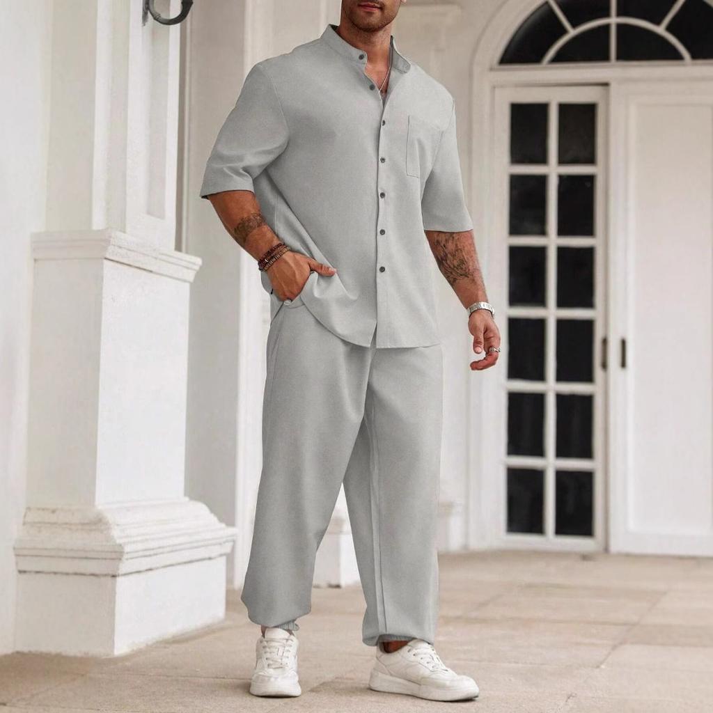 Men's Cotton and Linen Casual Button Up Shirt, Short Sleeved Pants, Solid Color Casual Suit
