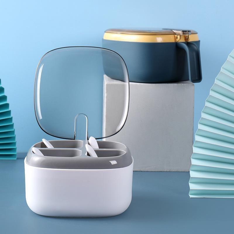 Multi Functional Four Grid Integrated Transparent Condiment Box Detachable Condiment Storage Tank Dust-Proof Kitchen Supplies