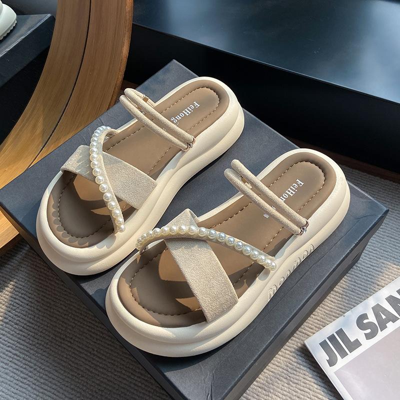 

With skirt, sandals, female 2025 beautiful fairy wind cool slippers, new Roman thick-soled outer wear, casual spring and summer flat bottom 40 бежевый