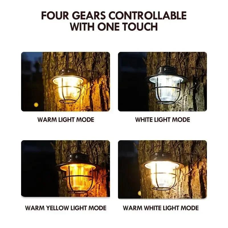 LED Camping Lamp Waterproof Retro Hanging Lamp USB Rechargeable Outdoor Light Lantern Portable Stepless Dimming Camping Light