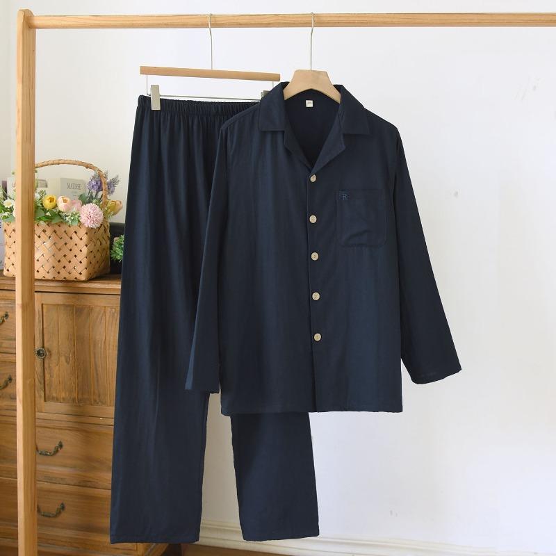 Nuovo Set Pigiama da Uomo Primavera e Autunno 100% Garza di Cotone Colore Unito Taglia Lunga Manica Lunga Abbigliamento per la Casa Set Due Pezzi