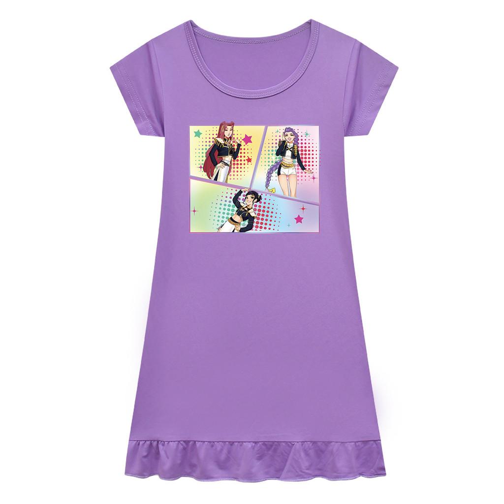 Barn Flickor Anime Tecknad K-POP Rumi Tryck Plisserad Kortärmad Casual Rundhalsklänning