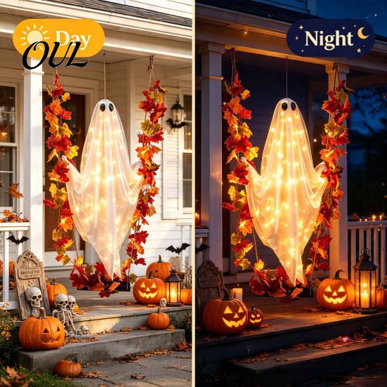 Fernbedienung LED Geisterlichter Schwingende Outdoor-Dekoration, Großer Halloween-Hänger mit Ahornblatt Leuchtendes Gaze-Anhänger Ranke Und für Baum, Veranda, Hof,