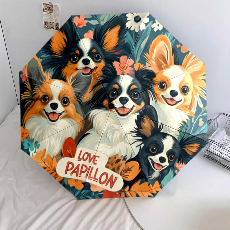 Papillon with Tongue Sticking Out  Pattern, Automatic Folding Umbrella, Portable and Foldable Design, 8 Ribs, a Christmas or Birthday Gift.