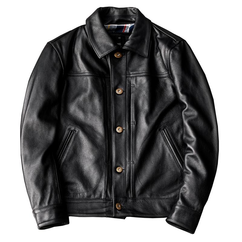 New Genuine Cowhide Leather Jacket for Men Big Size Denim Coat Fashion Casual Lapel Coat