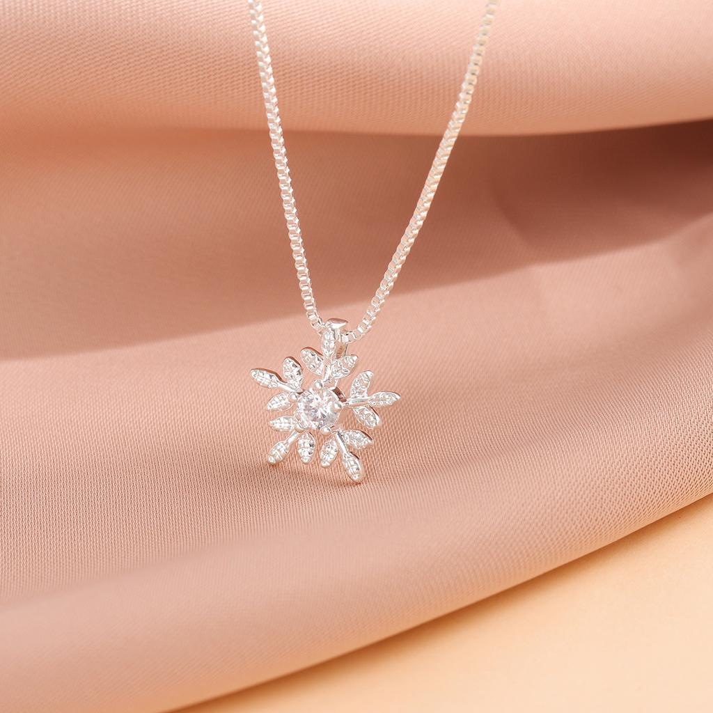925 Silver Snowflake Crystal Flower Pendant Necklace for Girls