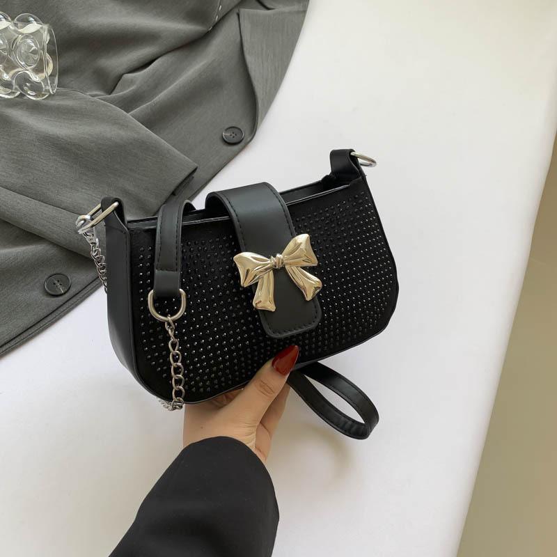 

Trendy Retro Small Square Pu Bag For Women Stylish Casual Commuter Shoulder Bag With Sparkling Accents Black