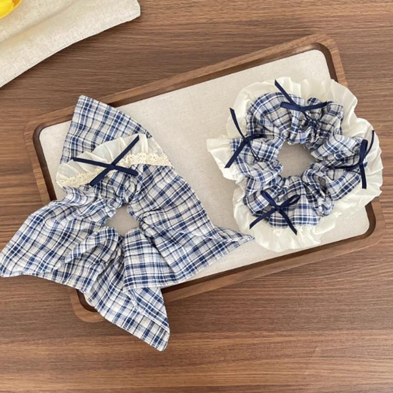 Blueberry Tone Plaid Lace Bow Hair Ring Girl Fashion Versatile Scrunchie Hair Accessories
