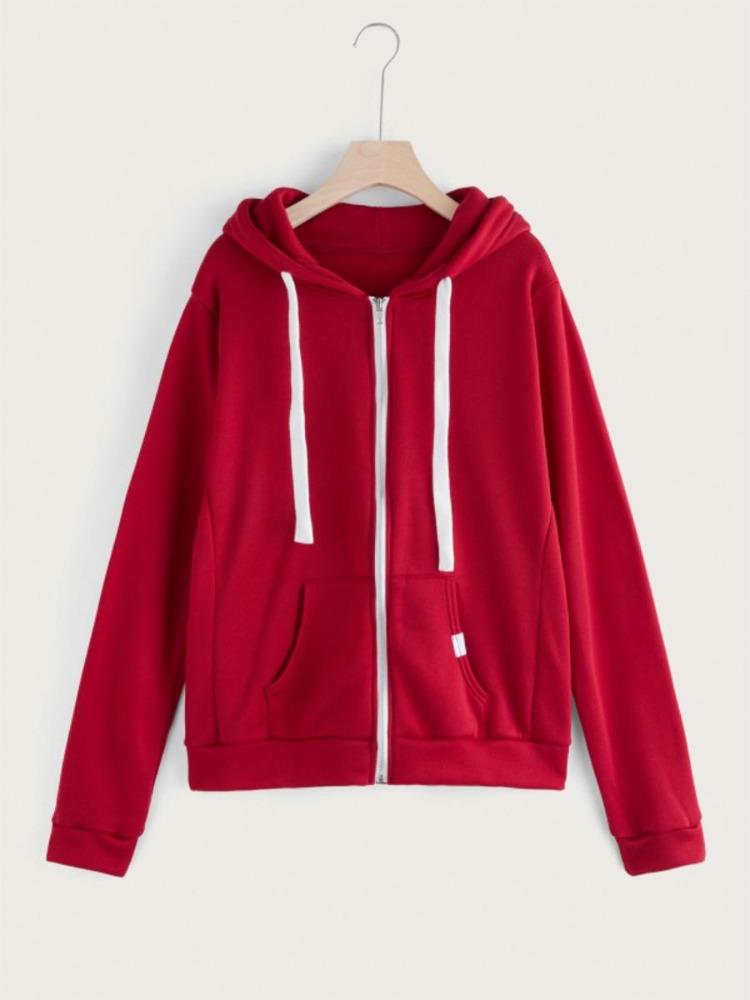 Women's Casual Solid Color Sports Hooded Zipper Jacket Sweatshirt Cardigan Top