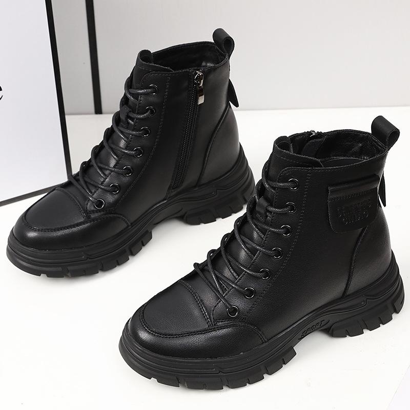 Leather Martin Boots Women's British Style Autumn and Winter New Short Boots Side Zipper Round Head Thick Heel Lace-up Trendy Boots