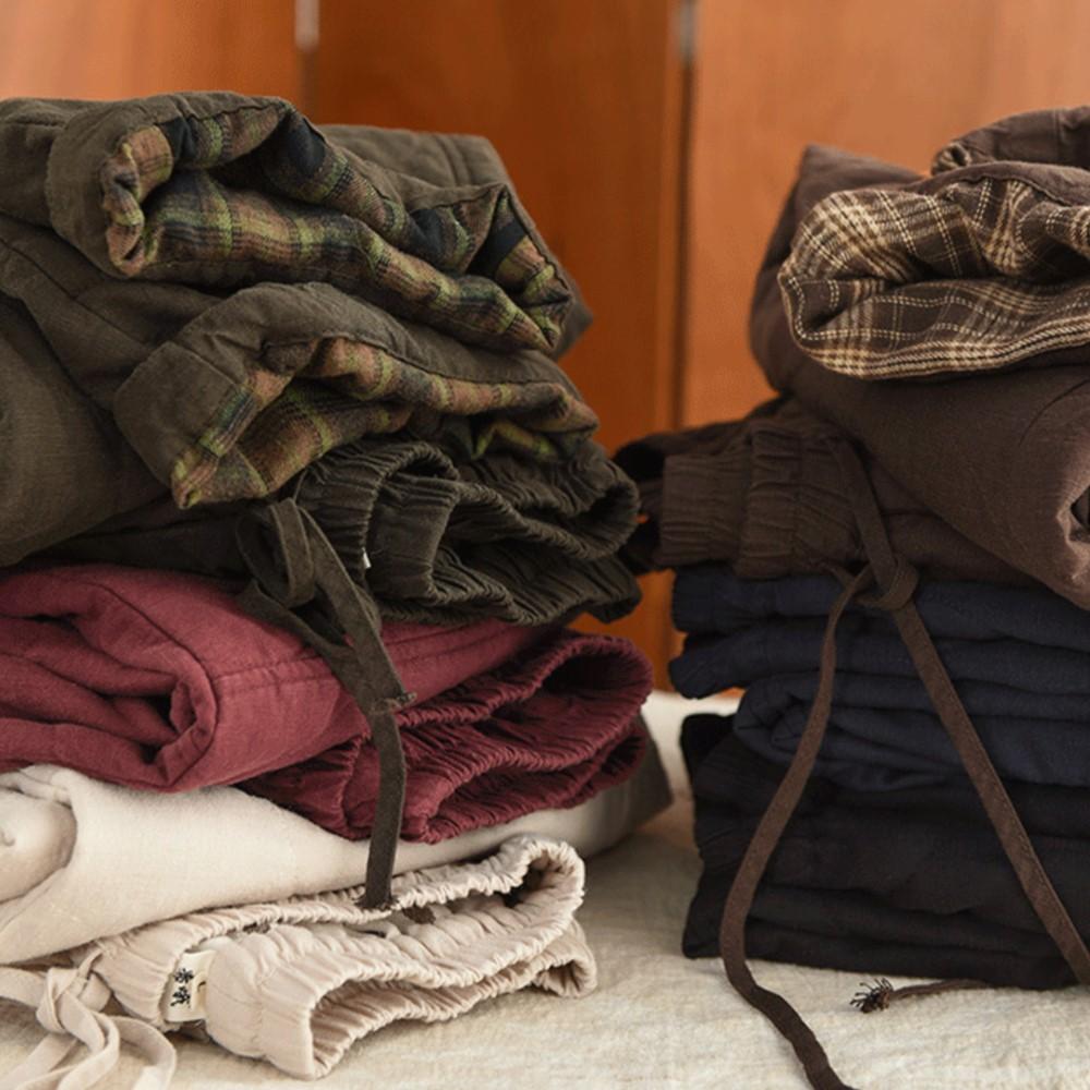 Johnature Damen Vintage Warme Hosen Elastischer Bund Einfarbig Winterhosen Taschen Weibliche Lässige Lange Hosen