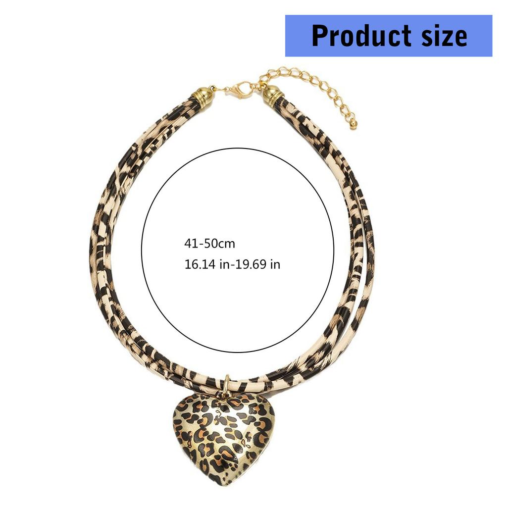 Trendy Double Layer Heart Pendant Necklace with Adjustable Leopard Print Cord Vintage Style Neckchain Jewelry for Women