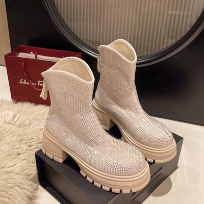 Fashion Winter New Thick Heel Snow Boots Women's Round Head Full Drill Back Zipper Thick Sole Anti-slip Wear-resistant Short Boots