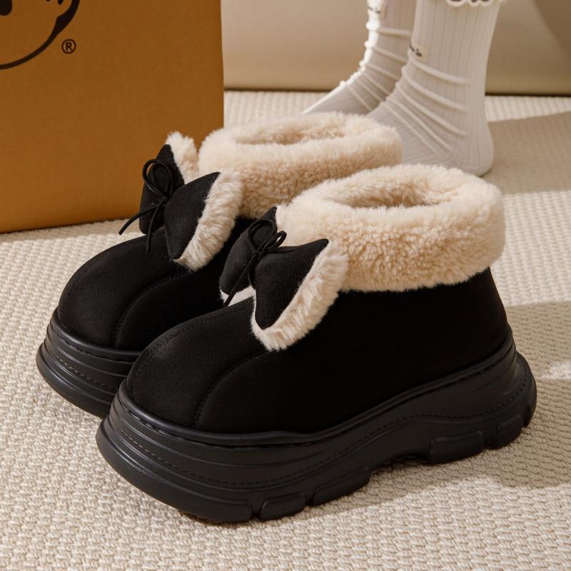 Thick Soled Butterfly Knot Women Cotton Shoes Winter  Warm Furry Outdoor Non Slip Platform Faux Fur Street Girl Snow Boots