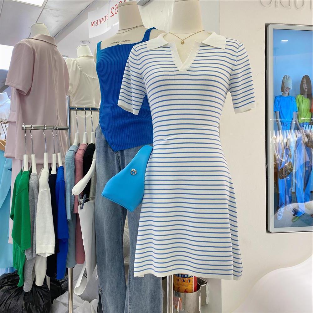 

Летнее полосатое платье-поло - женское платье-футболка с короткими лацканами А-силуэта One Size (suitable for 75-120 kg)