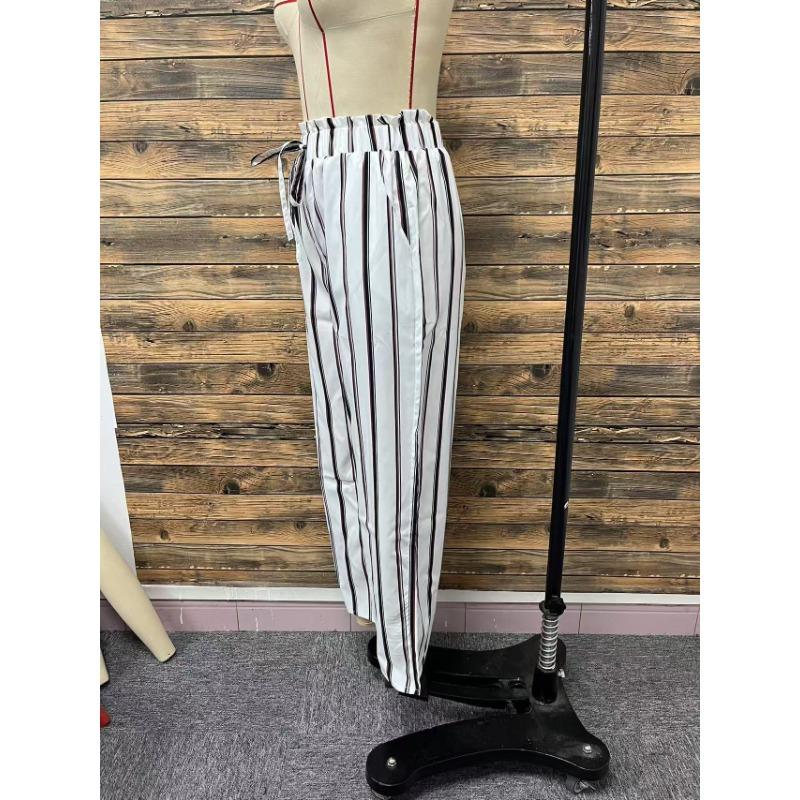 Women's Stripe High Waist Pants Wide Leg Belted Pockets Pants Long Trousers
