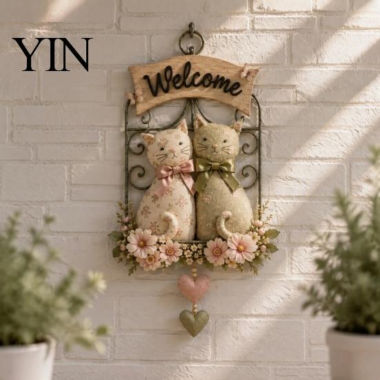 Office Space Hanging Decor Floral Cat Couple Welcome Sign, Wooden Wall Ornament, Pastoral Vintage Style Ornament Art Plaque for Living Room Bedroom &